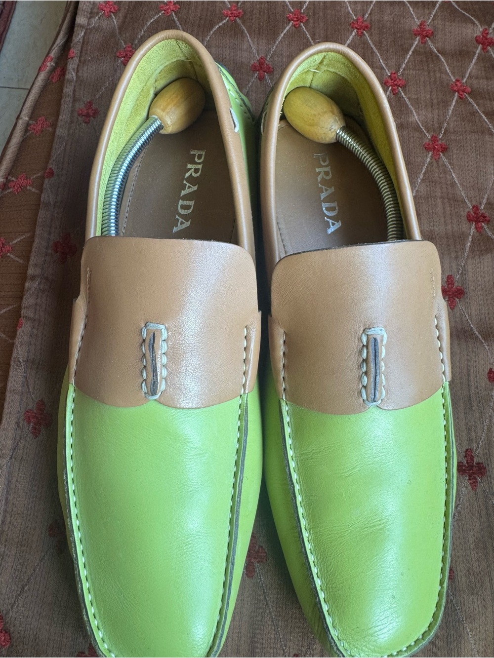 Prada Two-Tone Lime Green and Tan Leather Slip-On Loafers